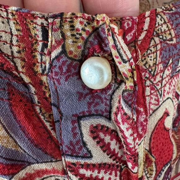 90s Vintage Papillon Tan Terracotta Paisley Print Pearl Button Loose Fit Tunic - Picture 5 of 7